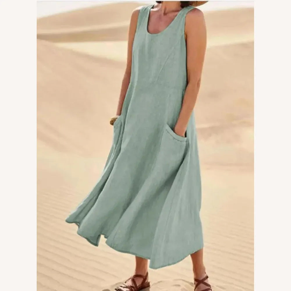 Variant image for Robe Longue Femme Sans Manches en Coton et Lin avec Poches - Confort et Élégance d'Été-49