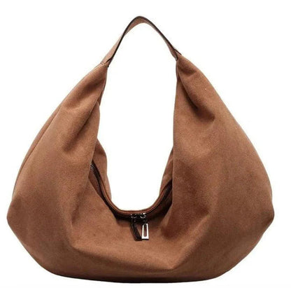 Suede Shoulder Bag for Women – Elegant Slouchy Hobo Bag with Large Capacity and Zipper Closure