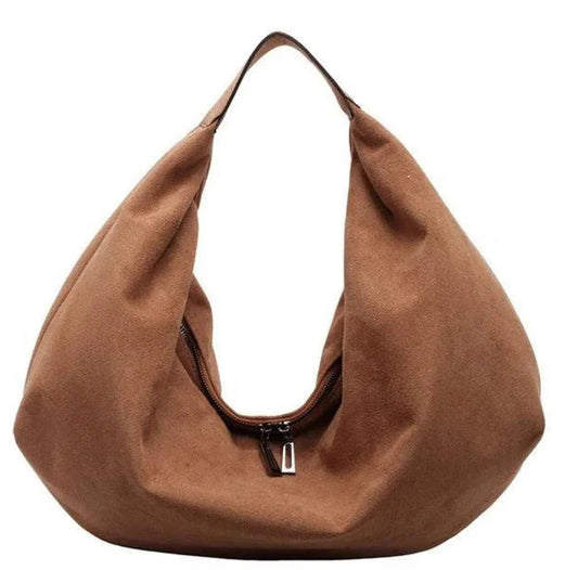 Suede Shoulder Bag for Women – Elegant Slouchy Hobo Bag with Large Capacity and Zipper Closure
