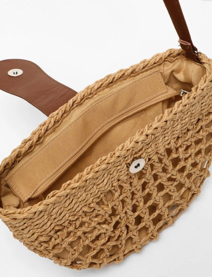 Elegant Women's Wicker Handbag with Inner Pocket – Practical Straw and Leather Shoulder Bag