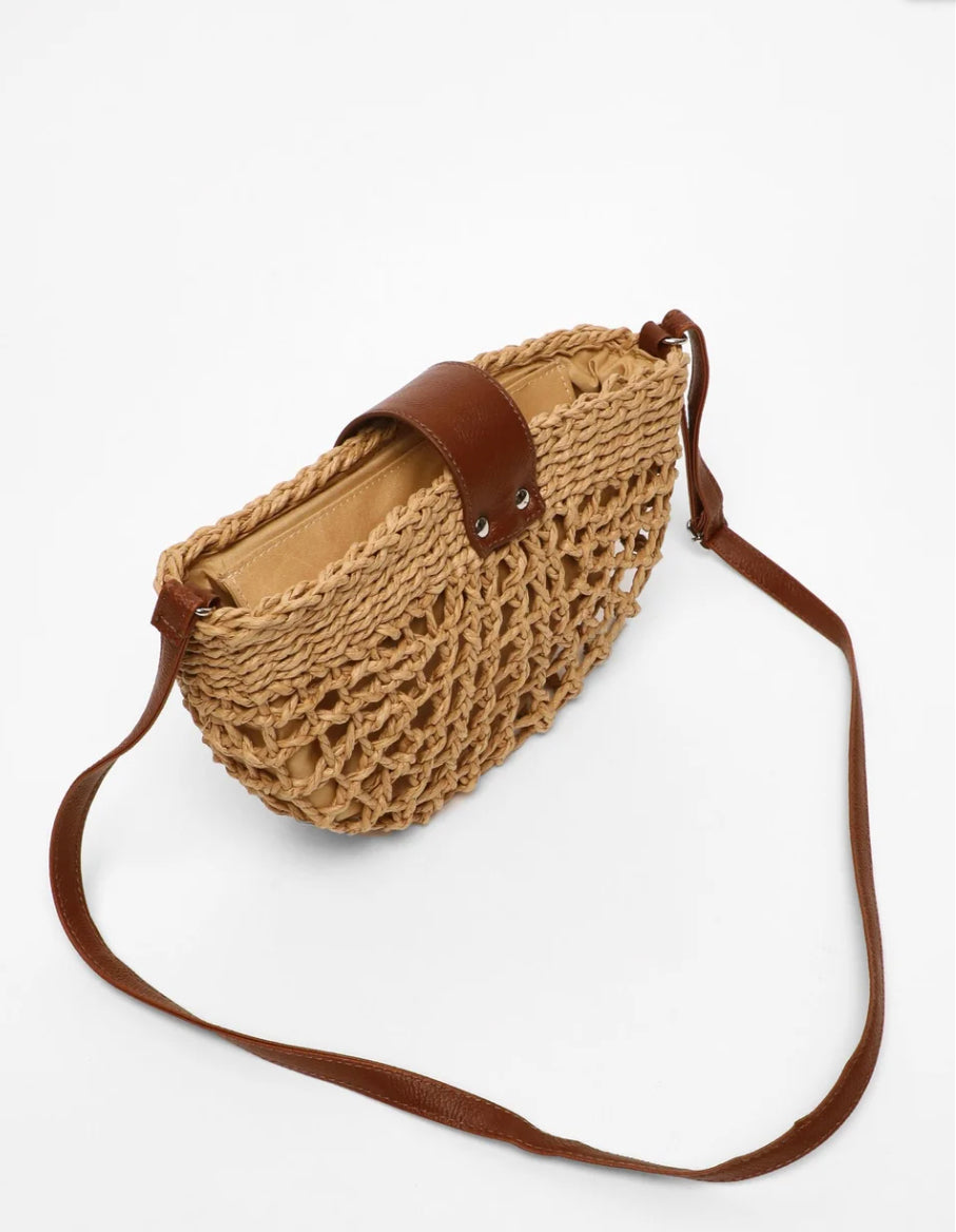 Elegant Women's Wicker Handbag with Inner Pocket – Practical Straw and Leather Shoulder Bag