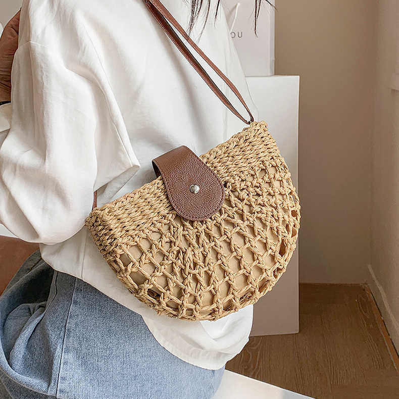Sac à Main Femme en Osier Élégant avec Poche Intérieure – Sac Bandoulière Pratique en Paille et Cuir