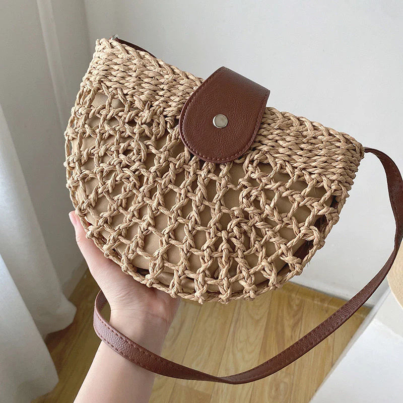 Elegant Women's Wicker Handbag with Inner Pocket – Practical Straw and Leather Shoulder Bag