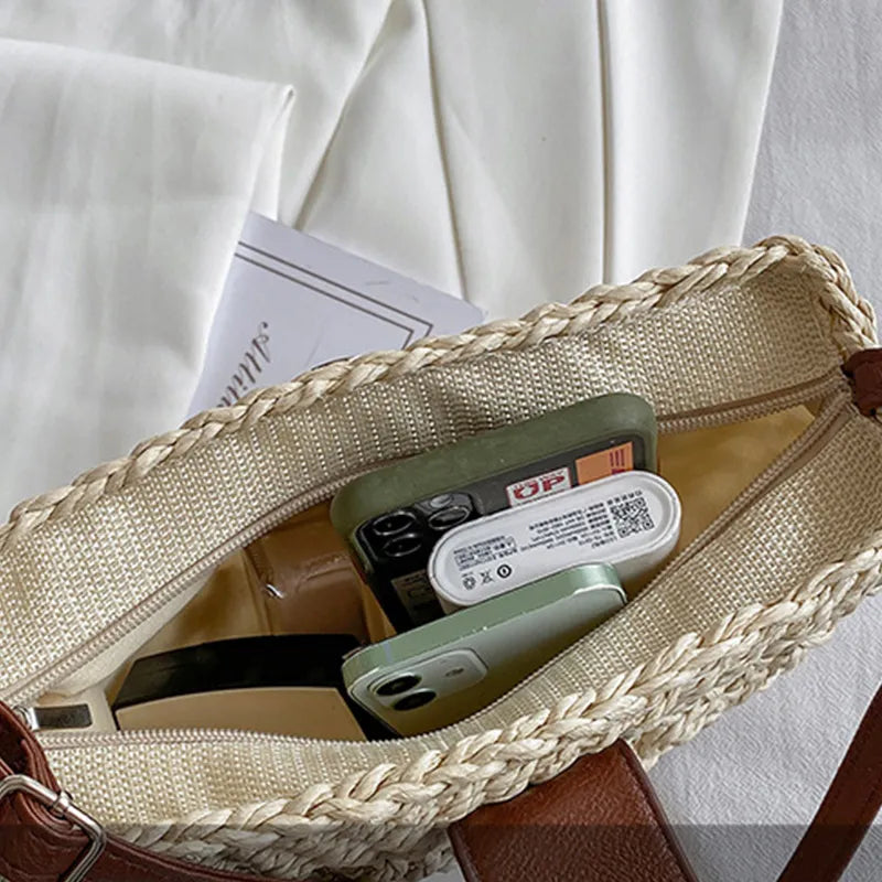 Sac à Main Femme en Osier Élégant avec Poche Intérieure – Sac Bandoulière Pratique en Paille et Cuir