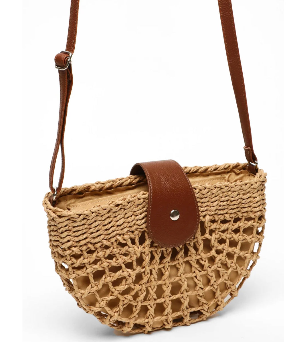 Sac à Main Femme en Osier Élégant avec Poche Intérieure – Sac Bandoulière Pratique en Paille et Cuir