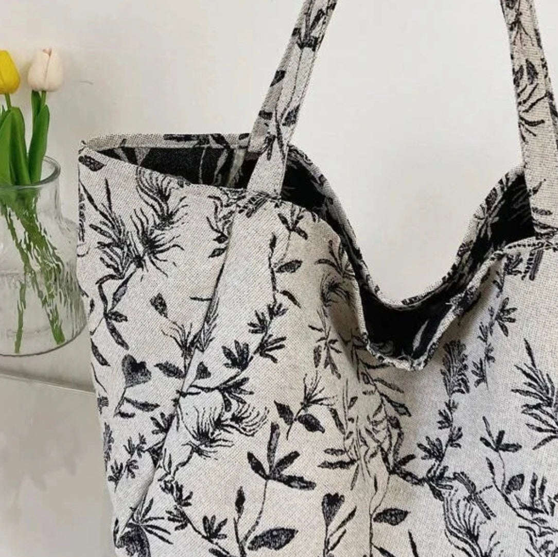 Sac Shopping Multicolore en Polyester avec Motif Plantes – Élégance BCBG pour Femmes, Grande Capacité et Double Poignée