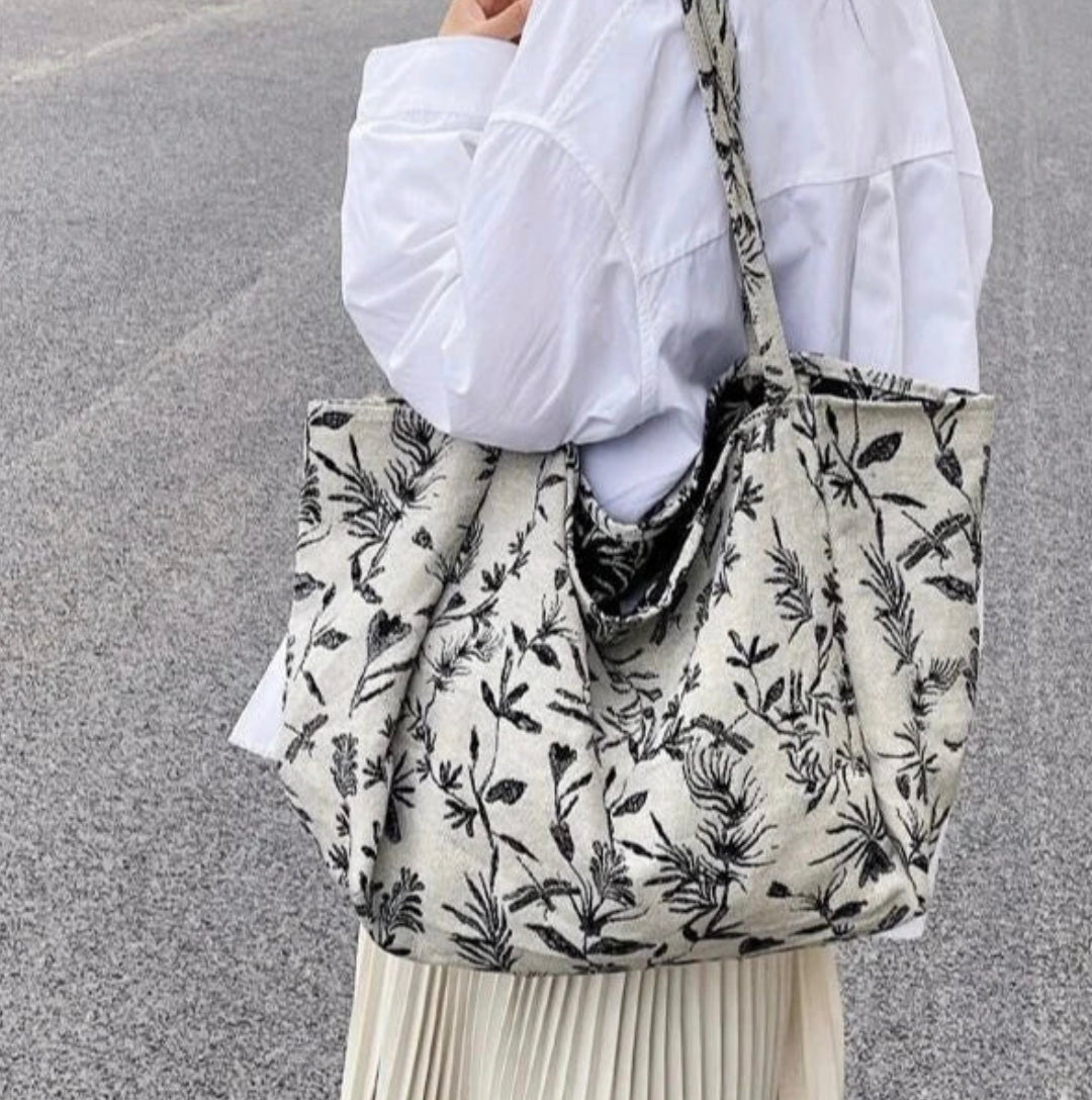 Sac Shopping Multicolore en Polyester avec Motif Plantes – Élégance BCBG pour Femmes, Grande Capacité et Double Poignée