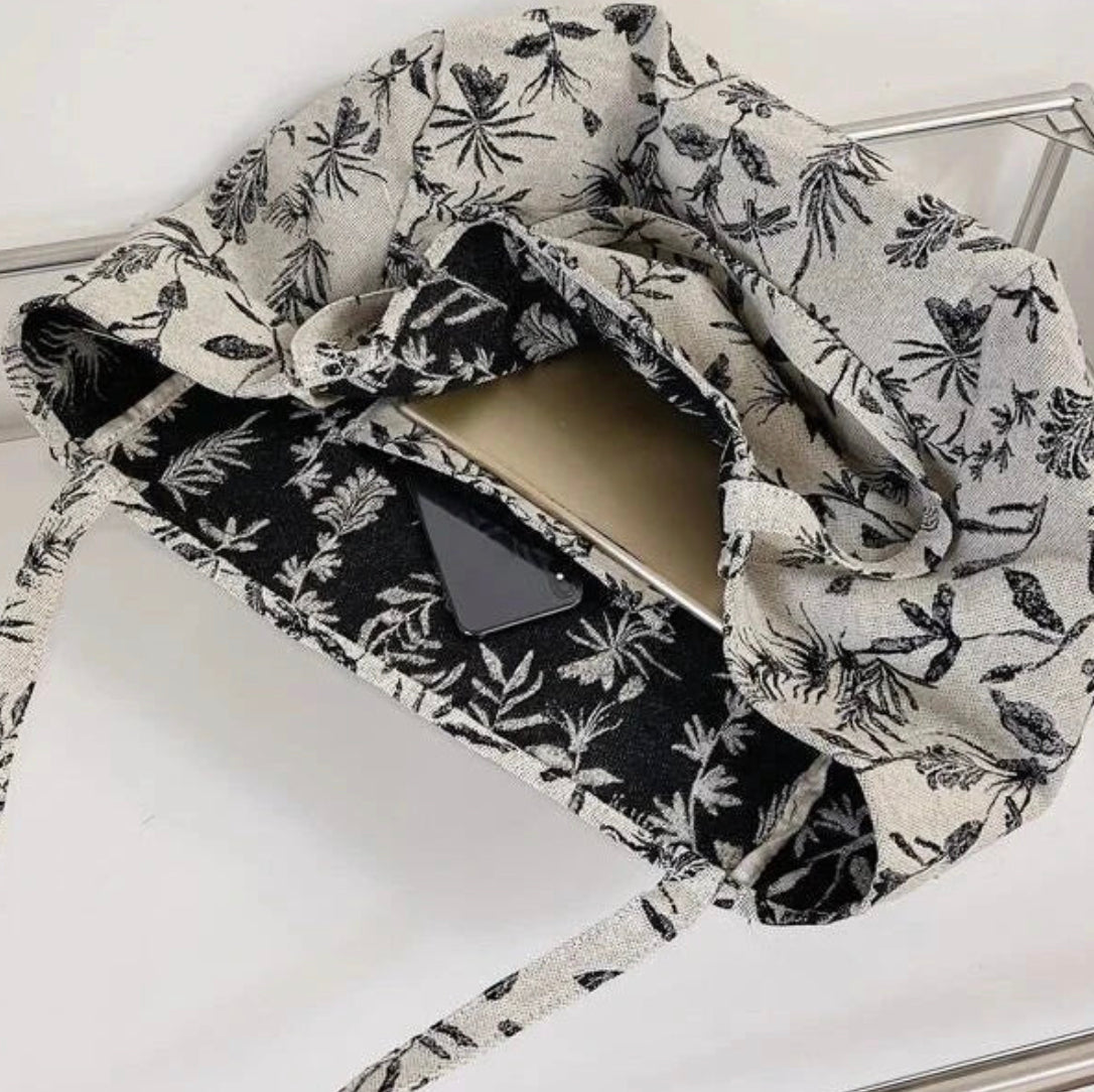 Sac Shopping Multicolore en Polyester avec Motif Plantes – Élégance BCBG pour Femmes, Grande Capacité et Double Poignée