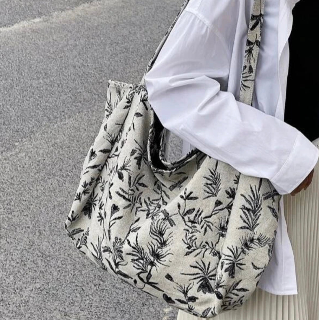 Sac Shopping Multicolore en Polyester avec Motif Plantes – Élégance BCBG pour Femmes, Grande Capacité et Double Poignée