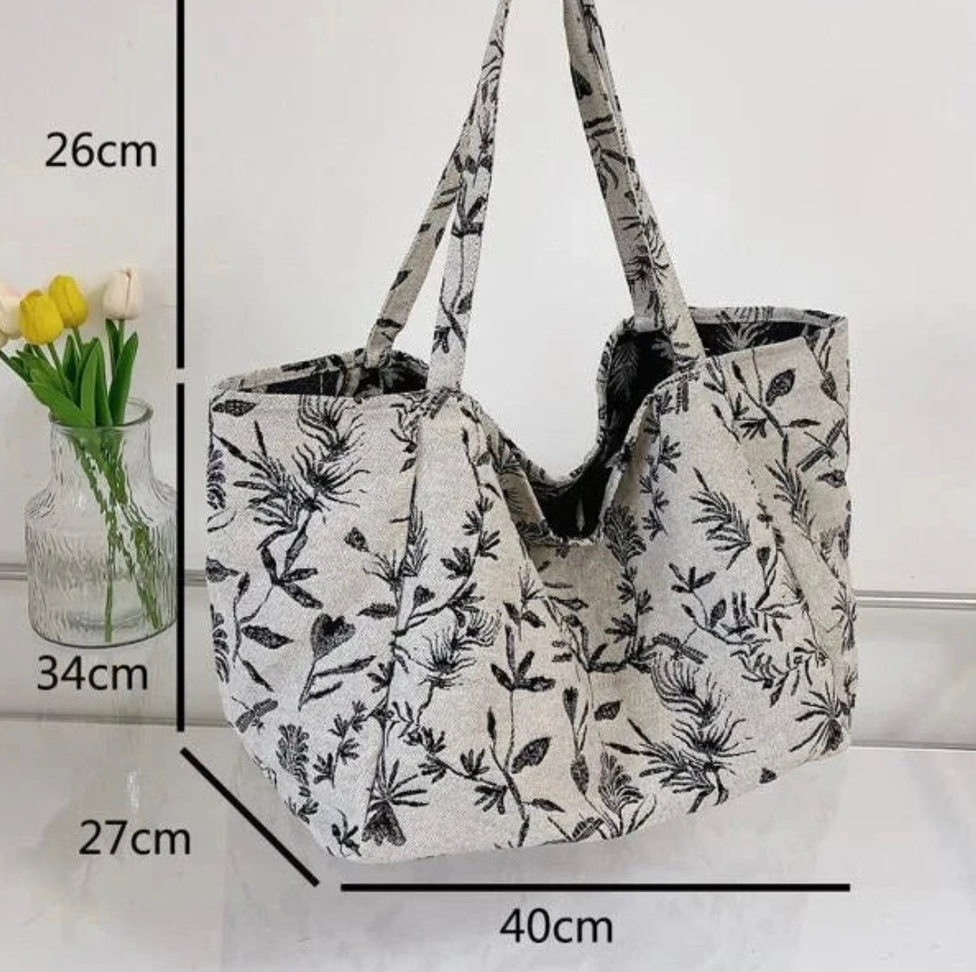Sac Shopping Multicolore en Polyester avec Motif Plantes – Élégance BCBG pour Femmes, Grande Capacité et Double Poignée
