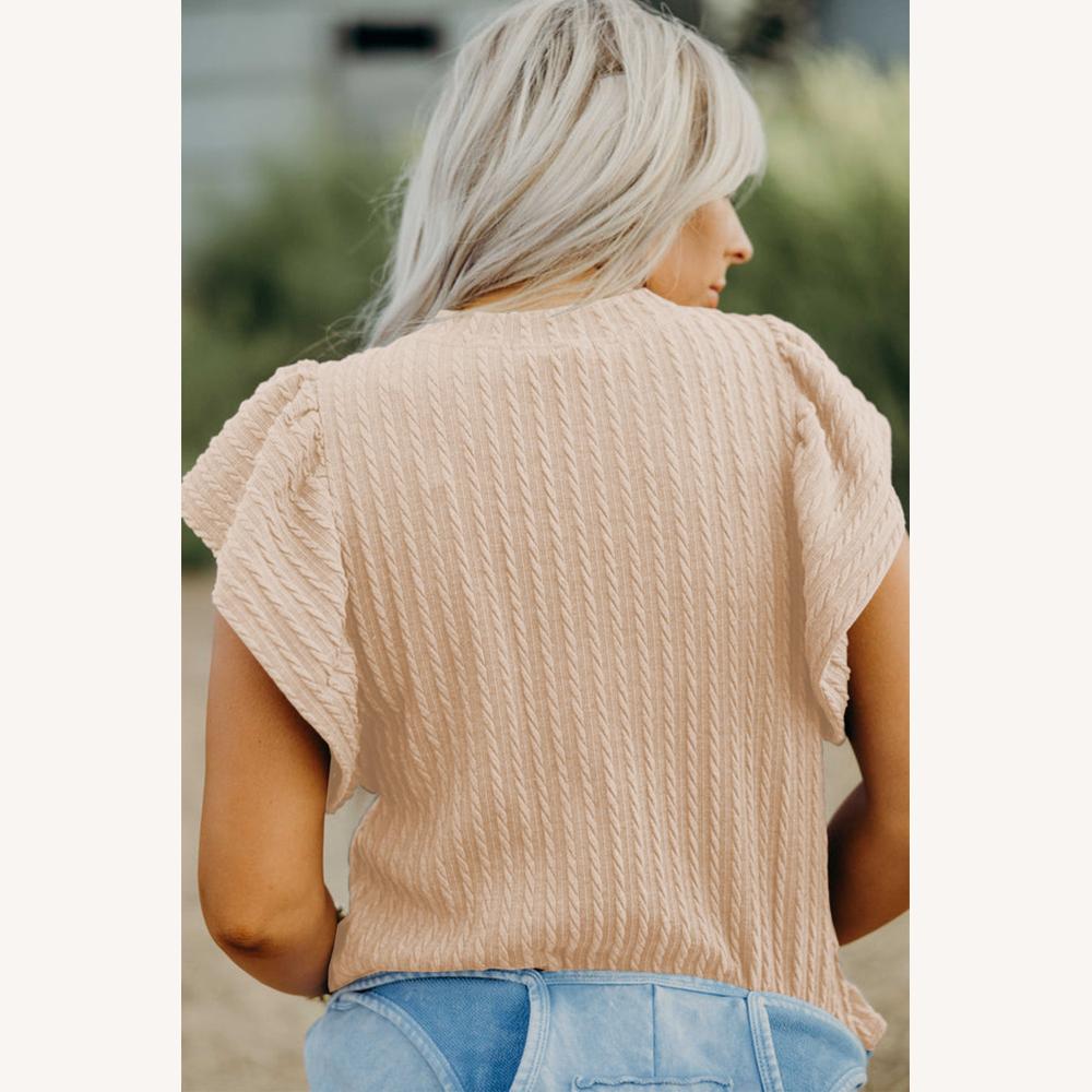 Top à Volants Beige en Maille Côtière Légère pour Femme – Élégant, Confortable, Manches Fluides, Col Rond