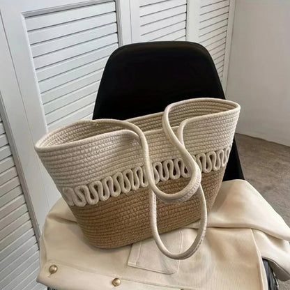 Women's Khaki Straw Beach Bag Handmade – Large Beach Bag Ideal for Summer and Leisure Activities