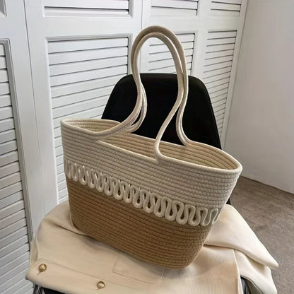 Women's Khaki Straw Beach Bag Handmade – Large Beach Bag Ideal for Summer and Leisure Activities