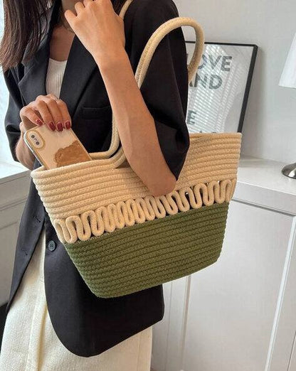 Women's Khaki Straw Beach Bag Handmade – Large Beach Bag Ideal for Summer and Leisure Activities