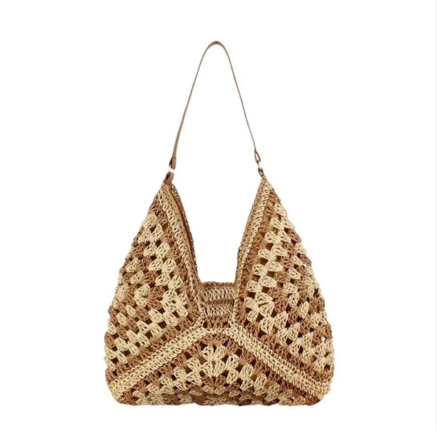 Bohemian Women's Straw Shoulder Bag – Elegant and Light, Light Brown and Black, 35 cm x 22 cm