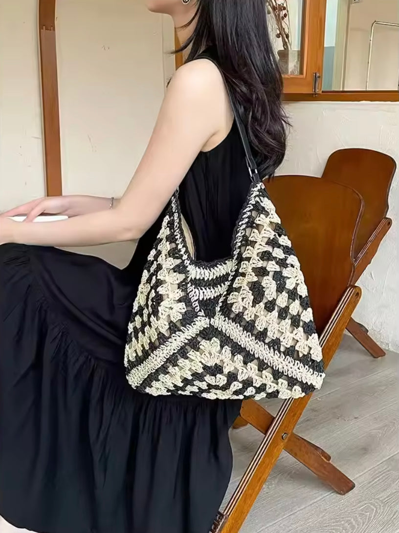 Sac Bandoulière Femme Bohème en Paille – Élégant et Léger, Brun Clair et Noir, 35 cm x 22 cm