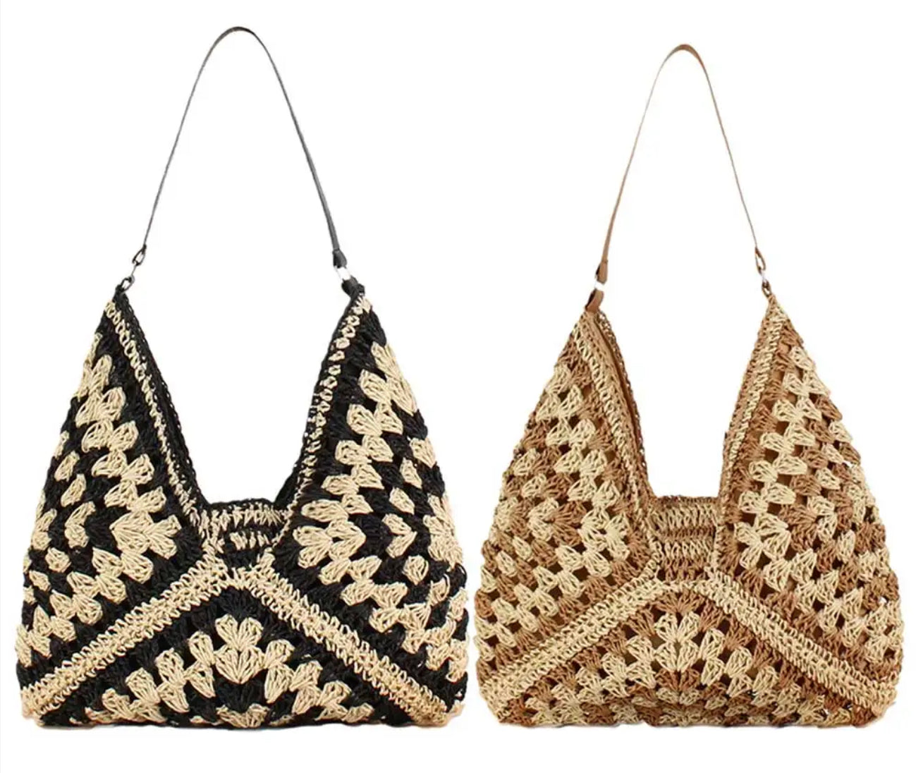 Bohemian Women's Straw Shoulder Bag – Elegant and Light, Light Brown and Black, 35 cm x 22 cm