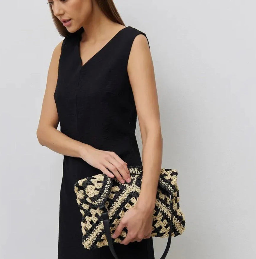 Sac Bandoulière Femme Bohème en Paille – Élégant et Léger, Brun Clair et Noir, 35 cm x 22 cm