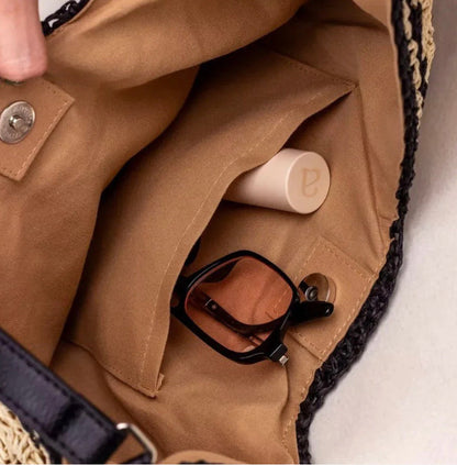 Bohemian Women's Straw Shoulder Bag – Elegant and Light, Light Brown and Black, 35 cm x 22 cm