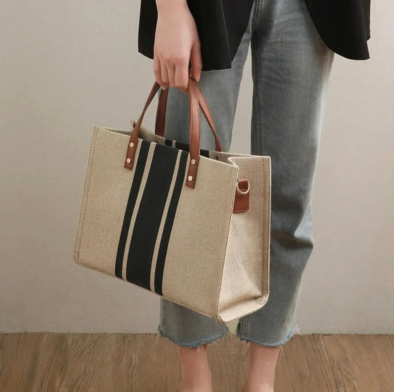 Sac Fourre Tout Femme en Toile Durable avec Rayures – Grand Sac à Main Polyvalent pour Sorties et Quotidien