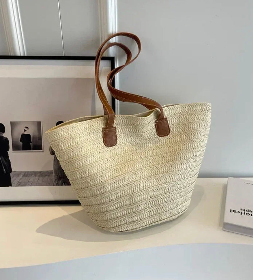 Sac de Plage Femme en Paille Tressée – Grand Panier Élégant en Beige, Vert et Kaki, Idéal pour Plage et Piscine