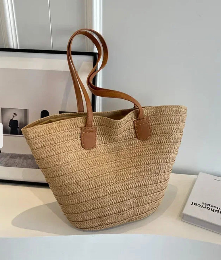 Sac de Plage Femme en Paille Tressée – Grand Panier Élégant en Beige, Vert et Kaki, Idéal pour Plage et Piscine