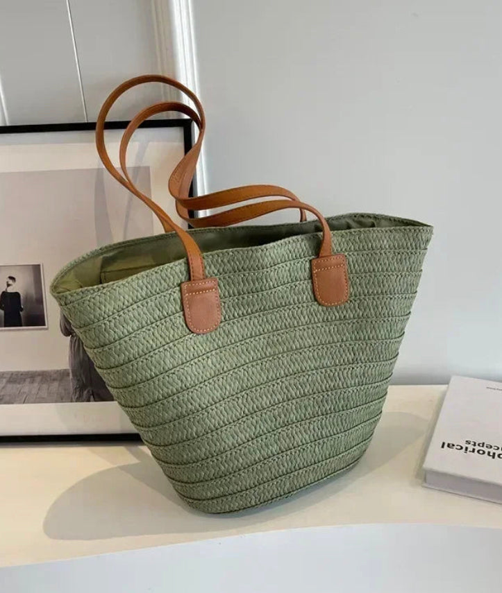 Sac de Plage Femme en Paille Tressée – Grand Panier Élégant en Beige, Vert et Kaki, Idéal pour Plage et Piscine