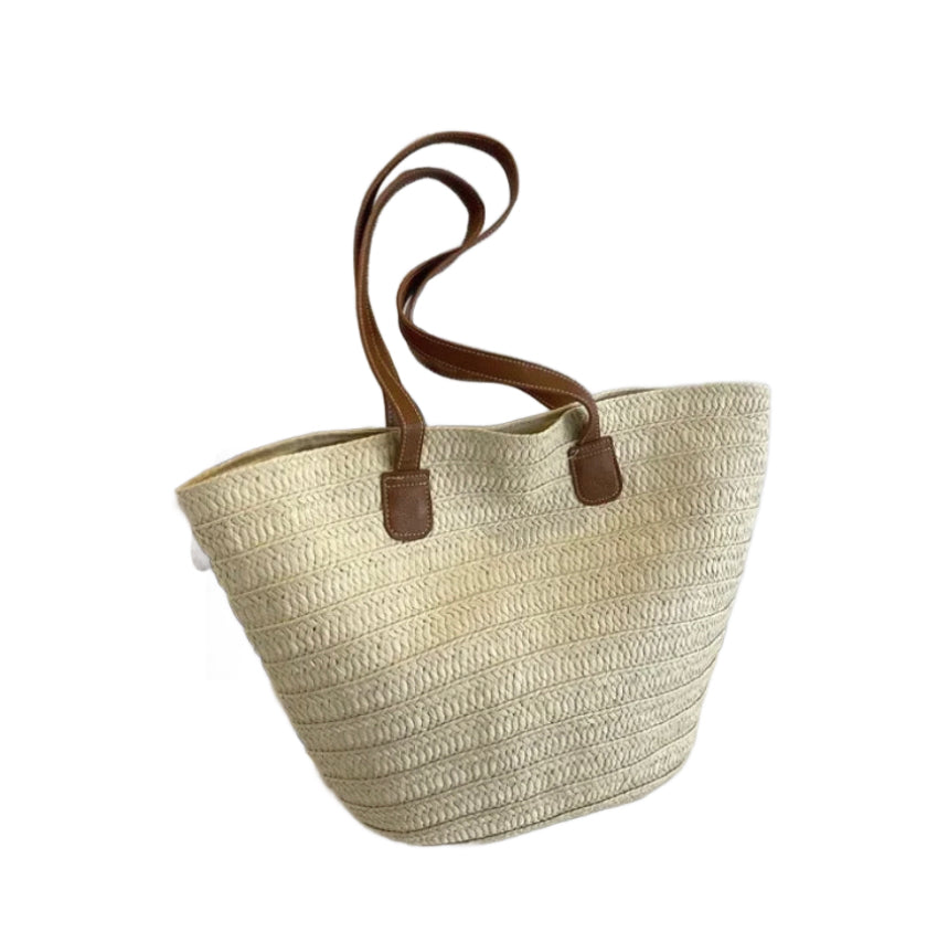 Sac de Plage Femme en Paille Tressée – Grand Panier Élégant en Beige, Vert et Kaki, Idéal pour Plage et Piscine