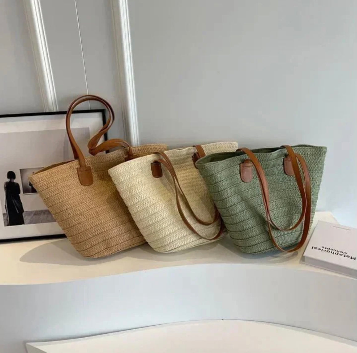 Sac de Plage Femme en Paille Tressée – Grand Panier Élégant en Beige, Vert et Kaki, Idéal pour Plage et Piscine