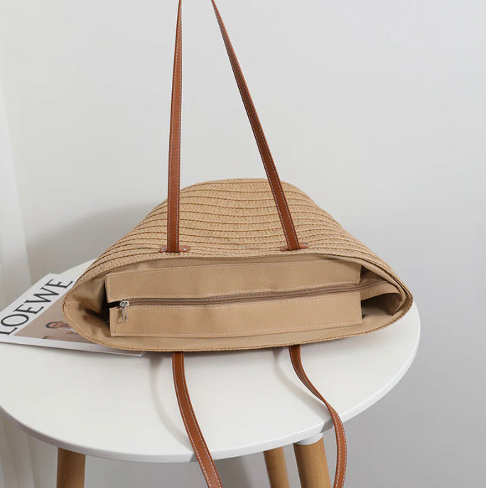 Sac de Plage Femme en Paille Tressée – Grand Panier Élégant en Beige, Vert et Kaki, Idéal pour Plage et Piscine