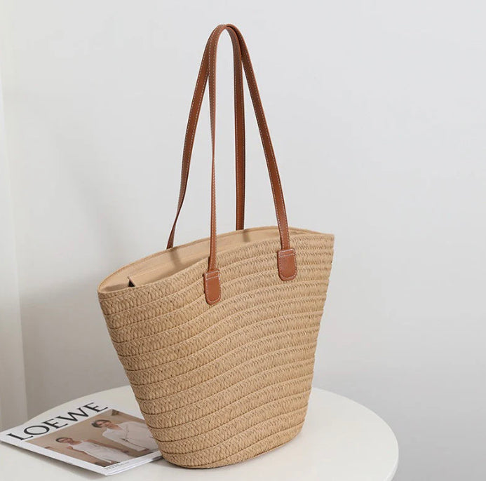 Sac de Plage Femme en Paille Tressée – Grand Panier Élégant en Beige, Vert et Kaki, Idéal pour Plage et Piscine