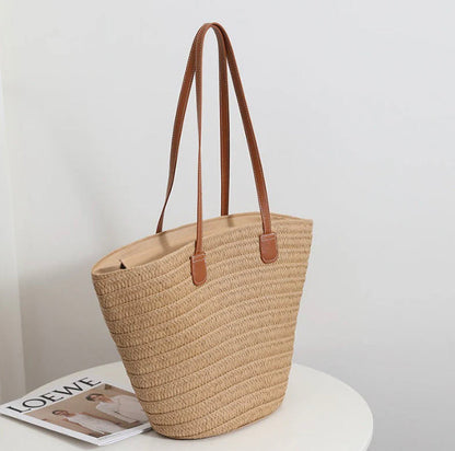 Women's Woven Straw Beach Bag – Large Elegant Basket in Beige, Green, and Khaki, Ideal for Beach and Pool