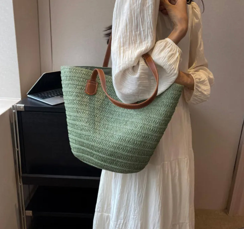 Sac de Plage Femme en Paille Tressée – Grand Panier Élégant en Beige, Vert et Kaki, Idéal pour Plage et Piscine