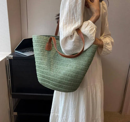 Women's Woven Straw Beach Bag – Large Elegant Basket in Beige, Green, and Khaki, Ideal for Beach and Pool