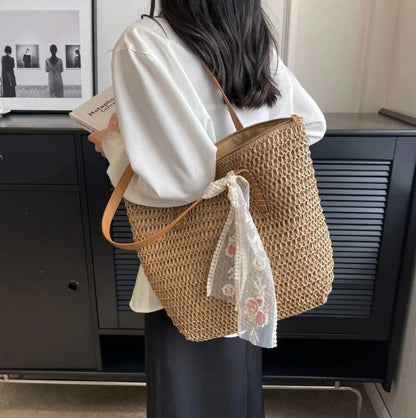Women's Straw Tote Bag with Faux Leather Handles and Floral Scarf – Boho-Chic Accessory 30x31 cm