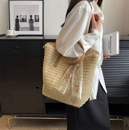 Women's Straw Tote Bag with Faux Leather Handles and Floral Scarf – Boho-Chic Accessory 30x31 cm