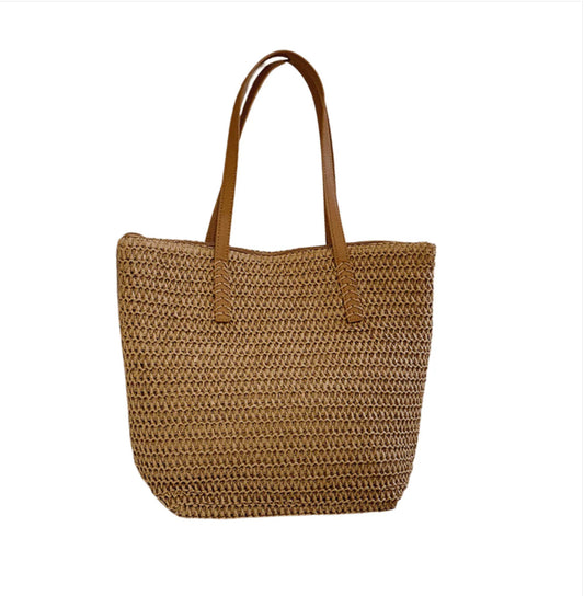 Women's Straw Tote Bag with Faux Leather Handles and Floral Scarf – Boho-Chic Accessory 30x31 cm