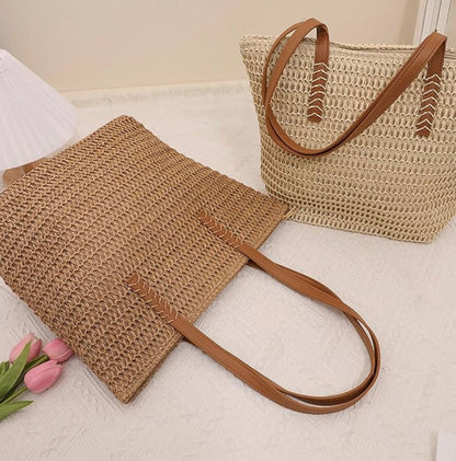 Women's Straw Tote Bag with Faux Leather Handles and Floral Scarf – Boho-Chic Accessory 30x31 cm