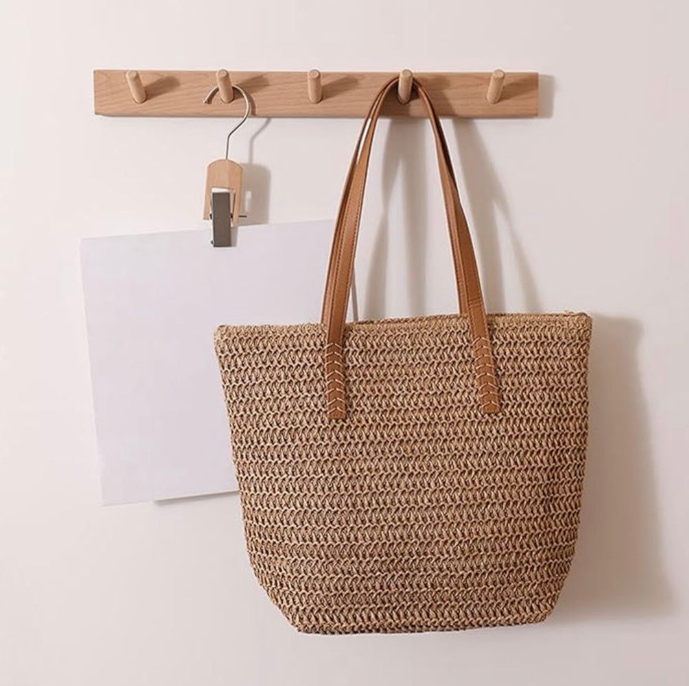 Women's Straw Tote Bag with Faux Leather Handles and Floral Scarf – Boho-Chic Accessory 30x31 cm