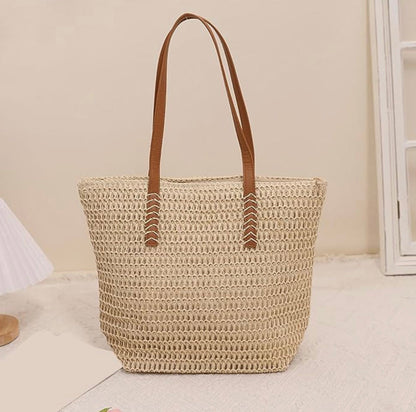 Women's Straw Tote Bag with Faux Leather Handles and Floral Scarf – Boho-Chic Accessory 30x31 cm