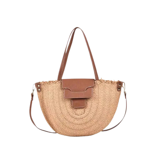 Straw Tote Bag with Vegan Leather for Women – Elegant and Spacious, Ideal for the Beach and Casual Outings