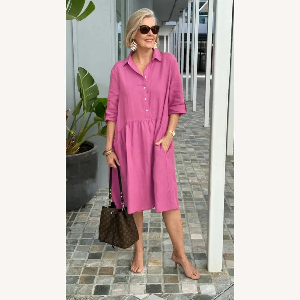 Women's Casual Dress in Linen and Cotton Mid-Length - Comfortable with Pockets, Round Neckline, Multiple Colors