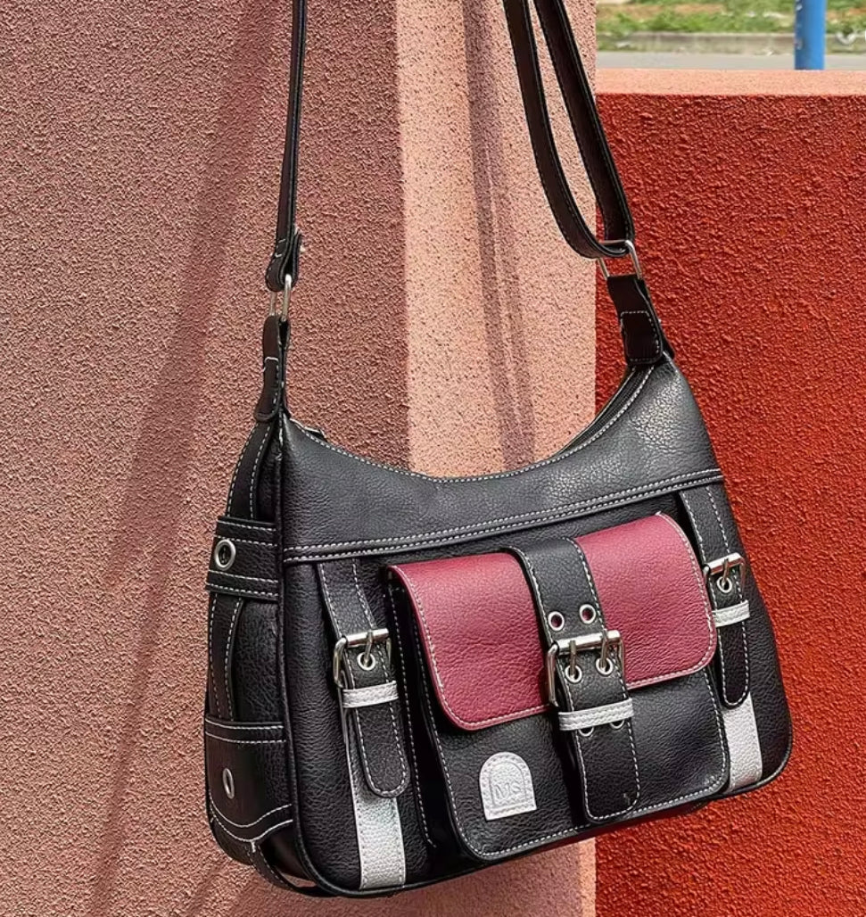 Sac à Main Femme Y2K en Cuir PU avec Bandoulière Réglable – Design Vintage Élégant Noir et Bordeaux