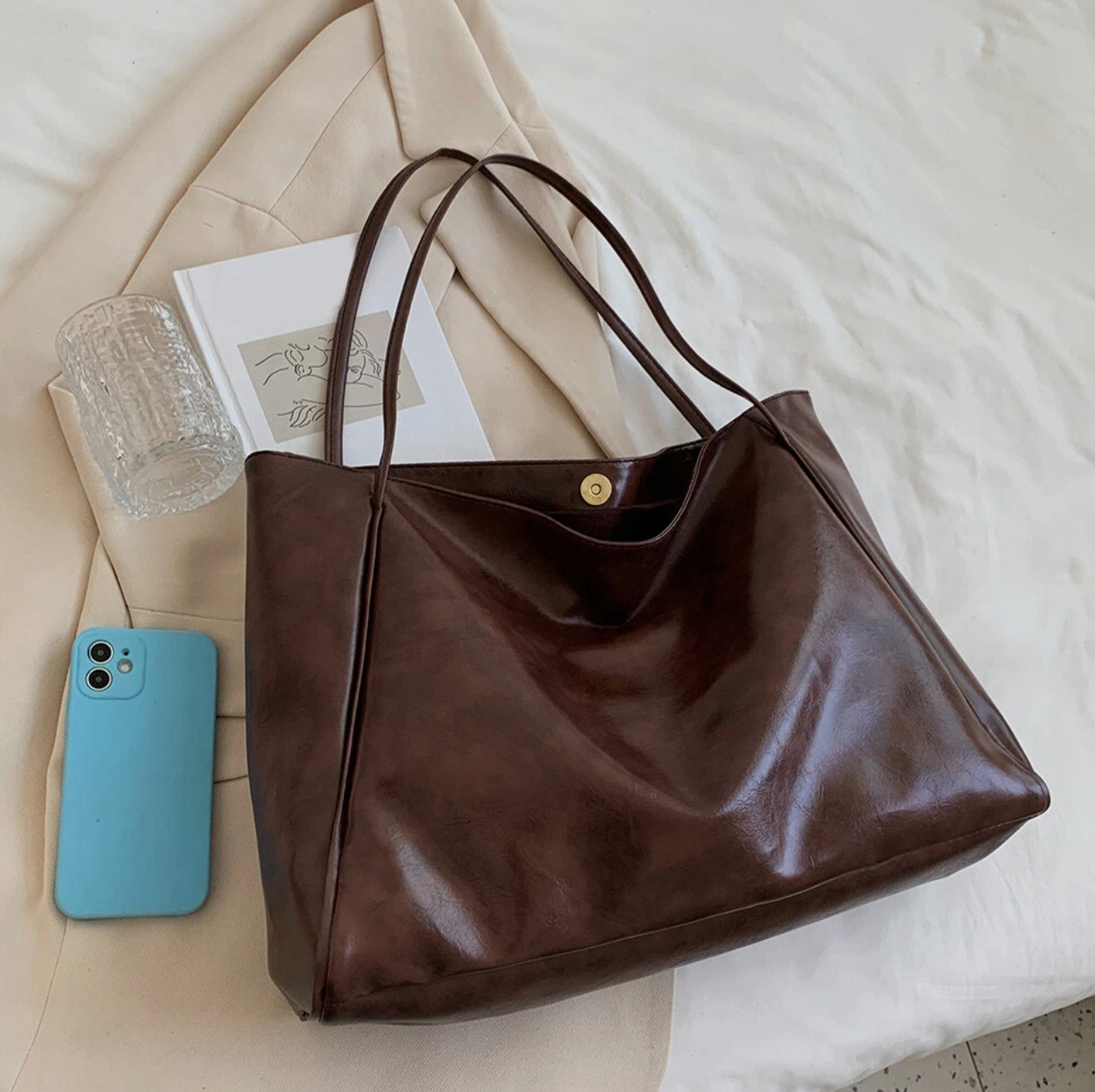 Women's Soft PU Leather Tote Bag – Large Retro Style, Practical and Elegant for Daily Use