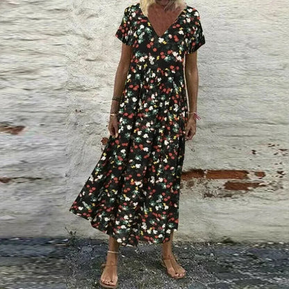 Women's Summer Dress with Flowers - V-Neck, Short Sleeves, Cotton and Rayon, Chic and Comfortable