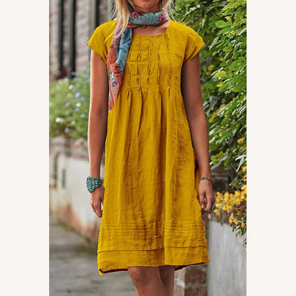 Women's Casual Short Sleeve Solid Patchwork Dress with U-Neckline – Elegant and Comfortable