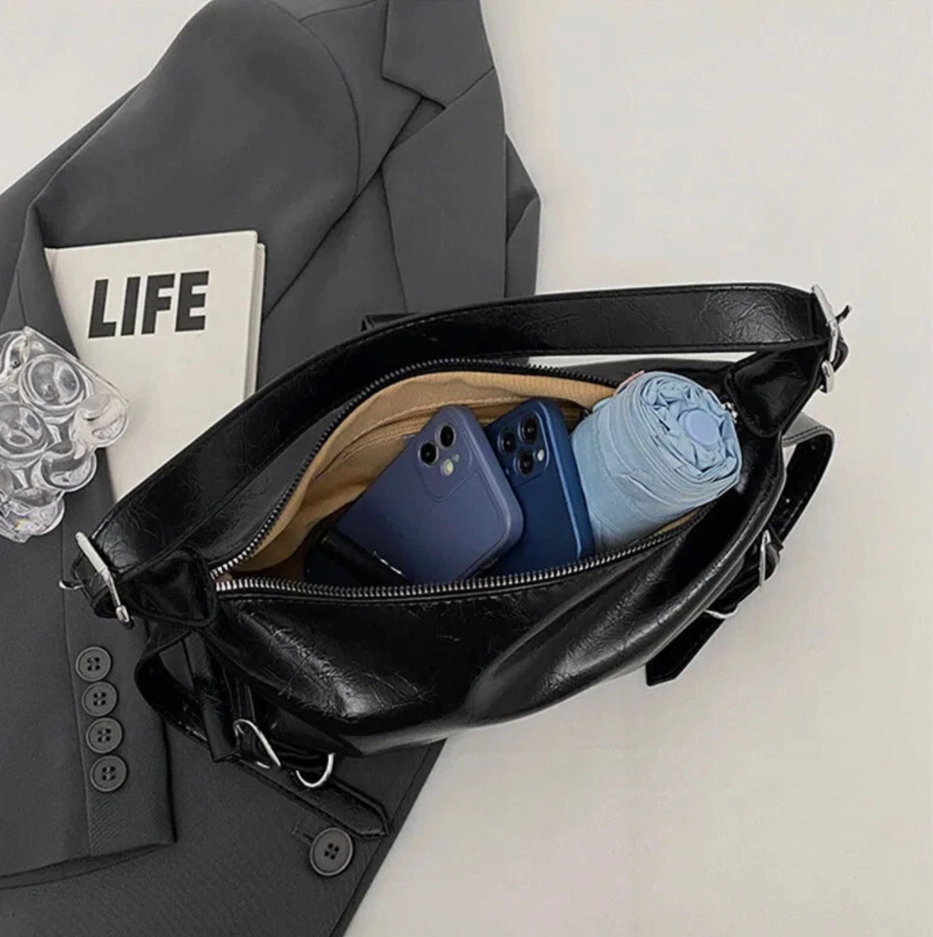 Women's Roxane Handbag in Black Leather, Rock Design with Adjustable Shoulder Strap and Spacious Interior