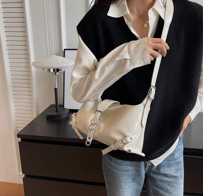 Women's Roxane Handbag in Black Leather, Rock Design with Adjustable Shoulder Strap and Spacious Interior