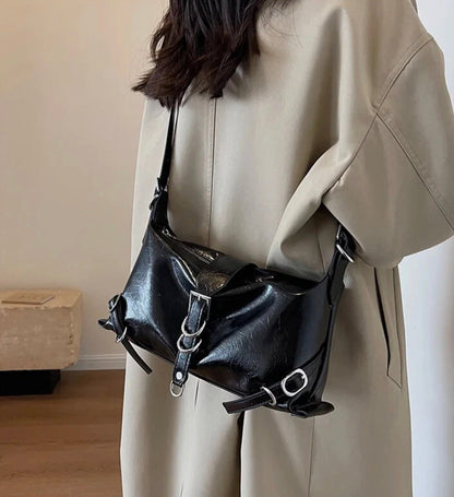 Women's Roxane Handbag in Black Leather, Rock Design with Adjustable Shoulder Strap and Spacious Interior