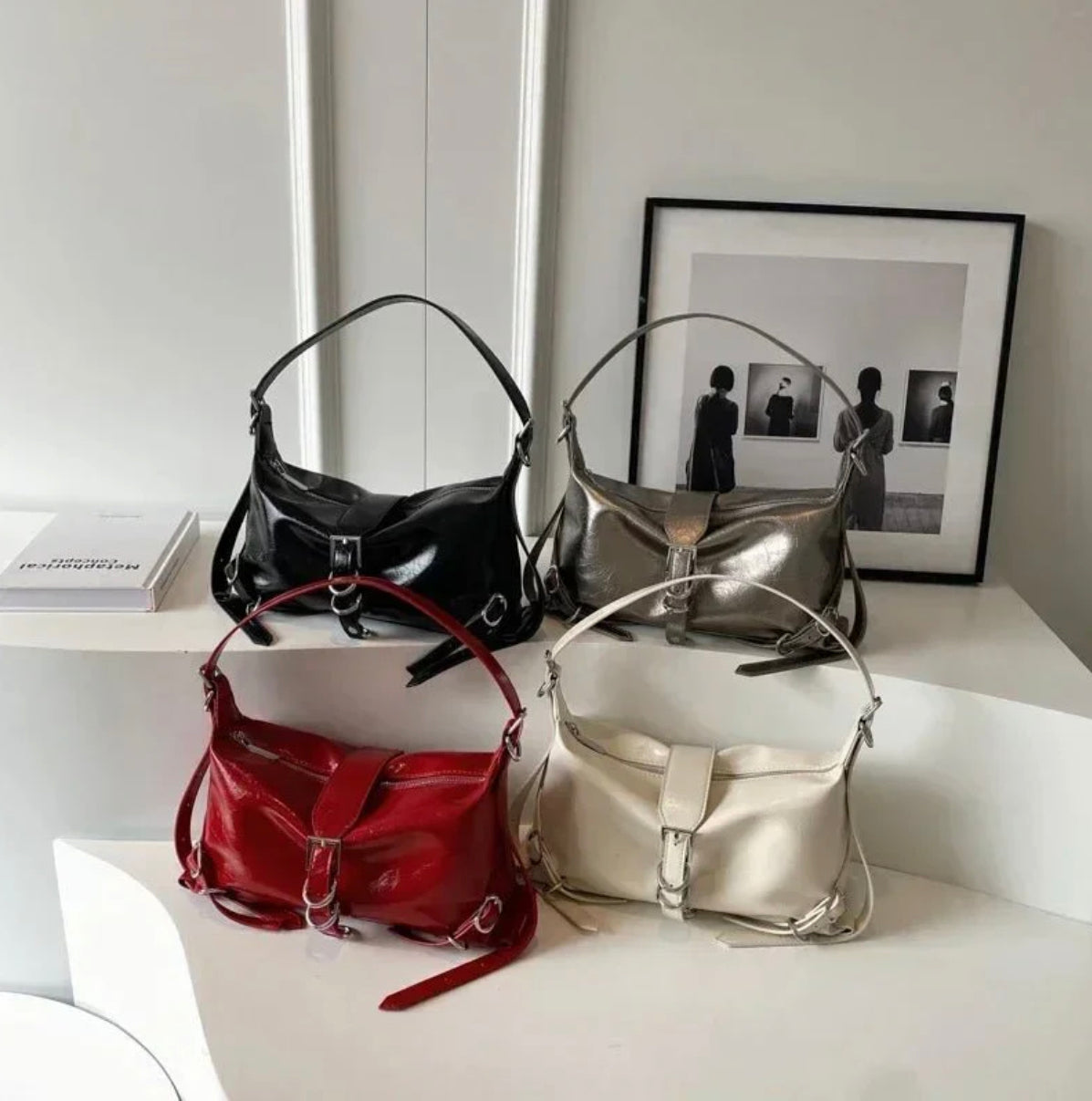 Women's Roxane Handbag in Black Leather, Rock Design with Adjustable Shoulder Strap and Spacious Interior